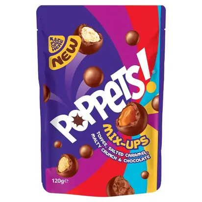 Poppets Mix-Ups karamellás, sós karamellás és malátás ropogós csokoládé 120g